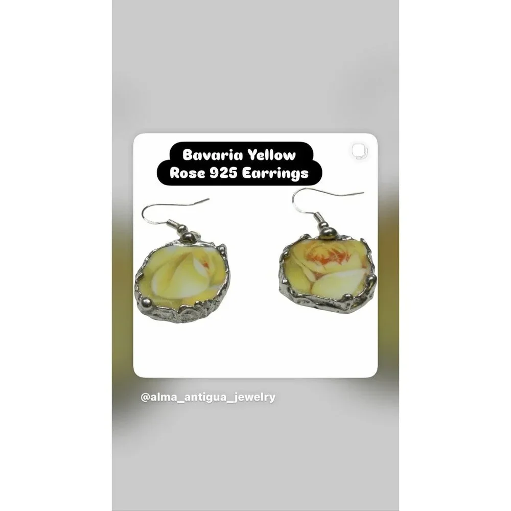 Yellow Rose Bavaria Broken China Earrings - Sterling Silver 925 Artisan Crafted - Picture 7 of 11